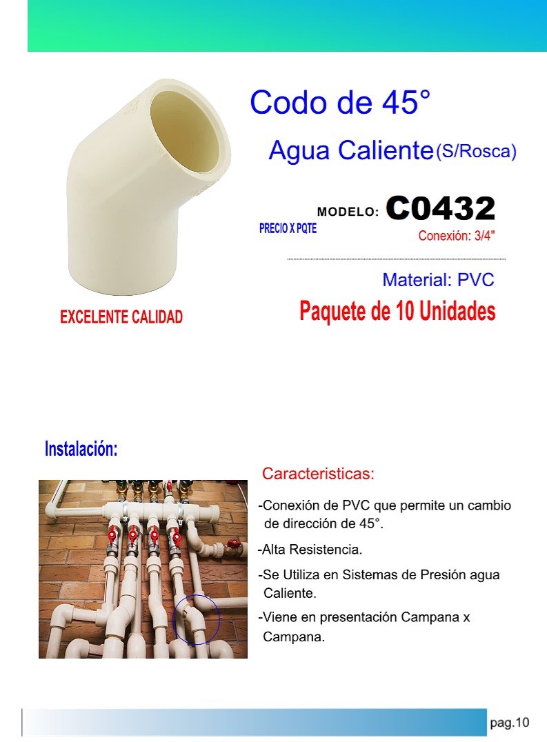 CODO 45° AGUA CALIENTE 3/4 (PAQ 10UND)