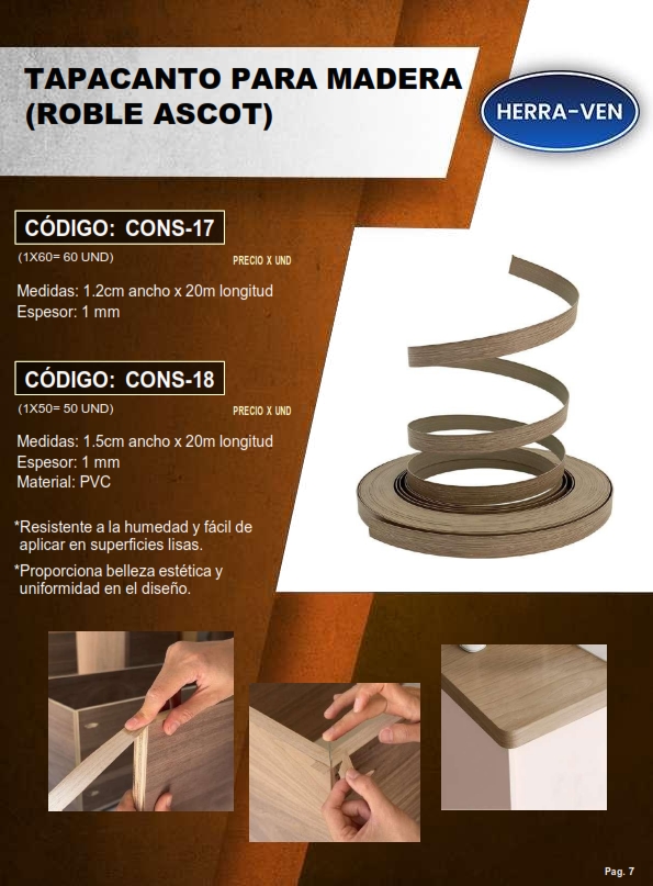 TAPACANTO P/MADERA - ROBLE ASCOT - 15MM X 20MTS - 1MM - PVC 