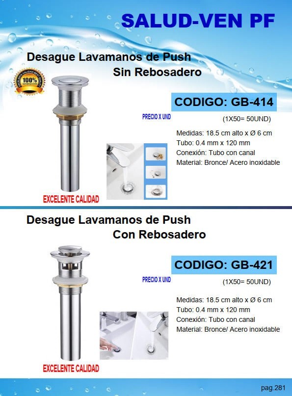 DESAGUE LAVAMANOS METAL PUSH S/REBOSADERO 18,5CMX6CM