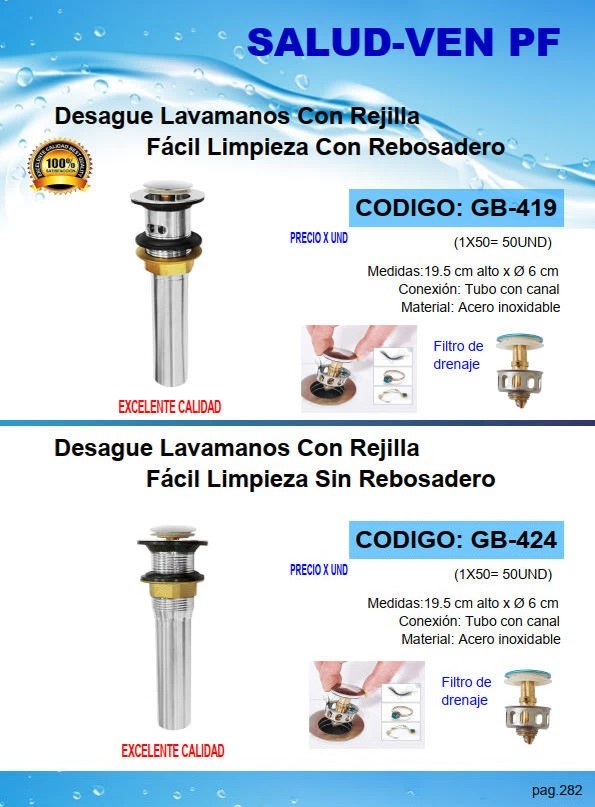 DESAGUE LAVAMANOS C/REJILLA EXT - METAL C/REBOSADERO 19,5CMX