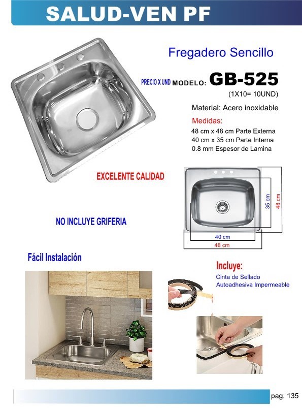 FREGADERO UNA TINA 3HUECOSEXT 48X48CMI