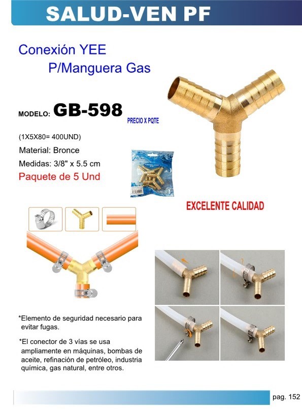 CONEXION YEE P/MANGUERA GAS 3/8 BRONCE (5UND)