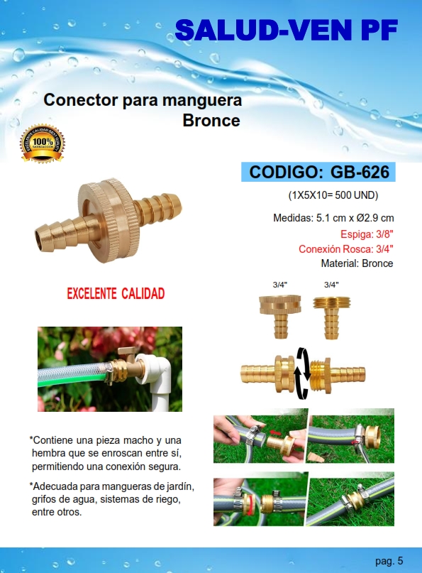 CONECTOR M-H P/MANG BRONCE (ESPIGA 3/8"- ROSCA 3/4") - PAR