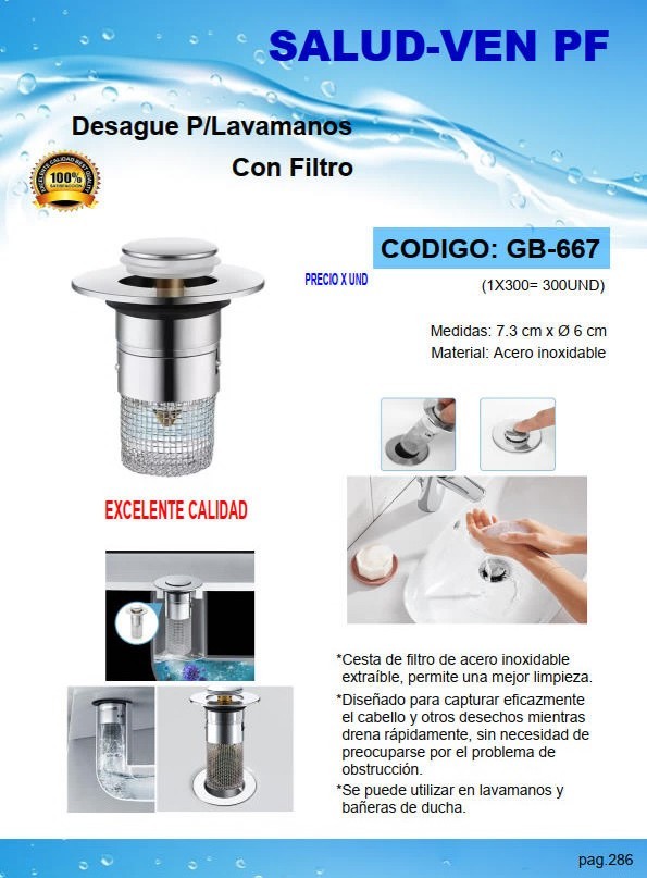 DESAGUE P/LAVAMANOS CON FILTRO MALLA ACERO INOX