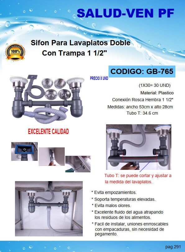 SIFON DOBLE LUJO P/LAVAPLATOS C/TRAMPA REBOSADERO 1 1/2" PLA