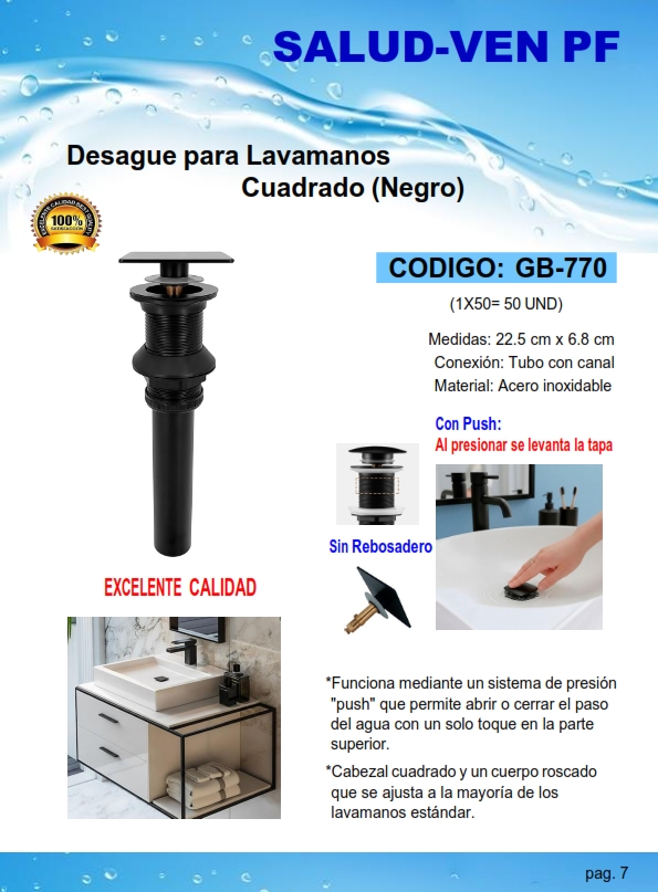 DESAGUE P/LAVAM CUADR PUSH S/REBOSAD 22,5X6,8CM ACERO NEGRO