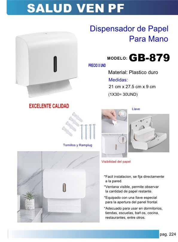 DISPENSADOR PAPEL DE MANO PVC 21X28X9CM