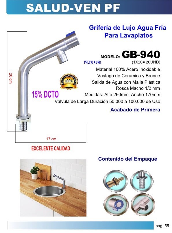 GRIF LAVPL/CLL/30G/FR/26X17CM ACERO INOX SATIN 1/2