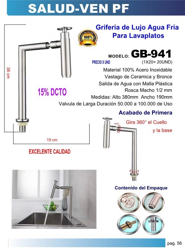 GRIF LAVPL/CLL/360/FR/38X19CMACERO INOX SATIN 1/2
