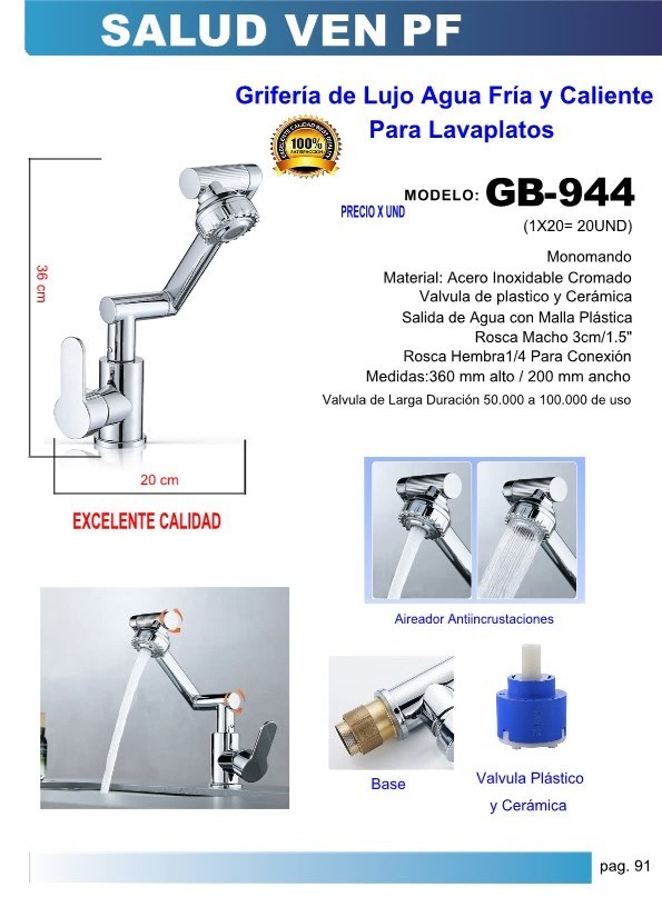 GRIF LUJO MULTIPOSICION FRIA/CAL - ACERO CROMADO P/LAVAP 36X