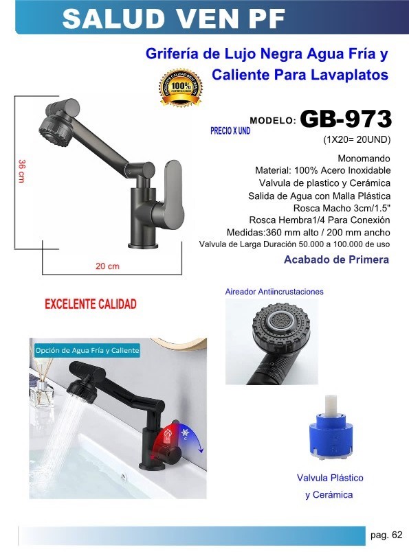 GRIF LUJO MULTIPOSICION FRIA/CAL - ACERO NEGRA P/LAVAP 36X20