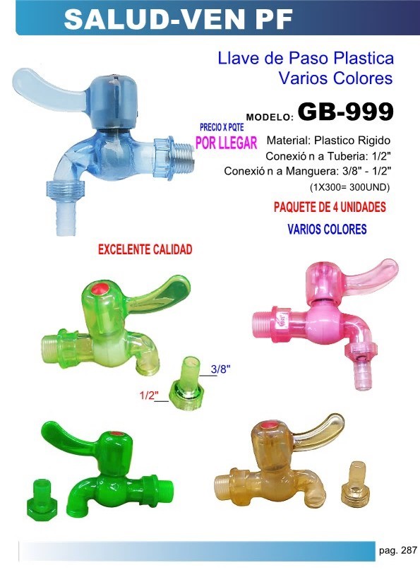 LLAVE CHORRO COLORES VARIOS - PLAST 1/2 4UND