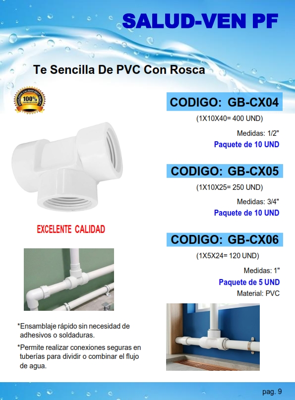 TEE C/ROSCA PVC 3/4" - BLANCA (PQT10UND)