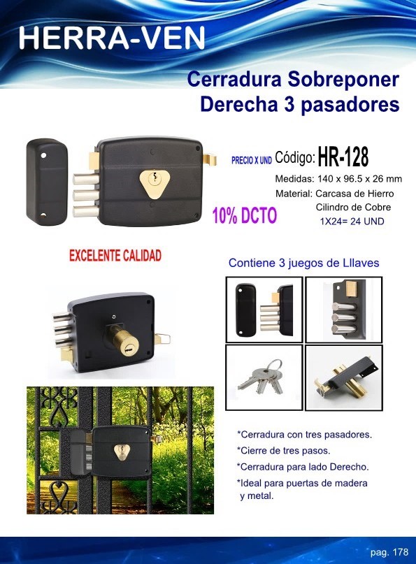 CERRADURA SOBREPONER DERECHA 3 PASADORES / 3 PASES - 14X96X2