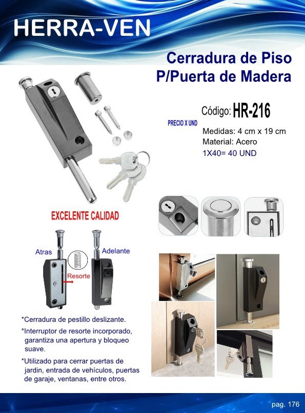 CERRADURA DE PISO P/PUERTA MADERA PESTILLO ACERO INOX 19CM