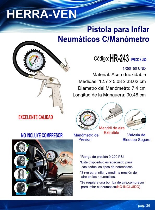 PISTOLA INFLA NEUMATICOS - HASTA 220 PSI C/MANOMETRO 74X3048