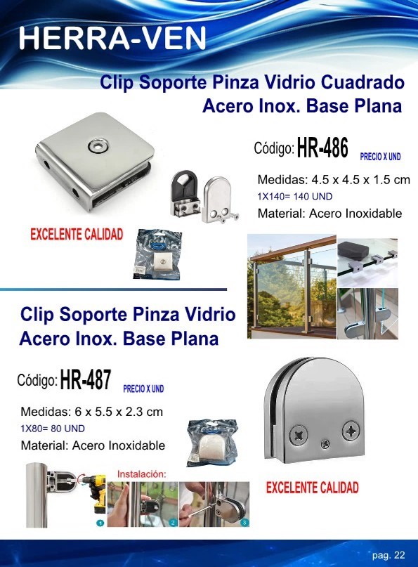 CLIP SOPORTE BASE PLANA PISA VIDRIO 6X5,5X2,3CM ACERO INOX