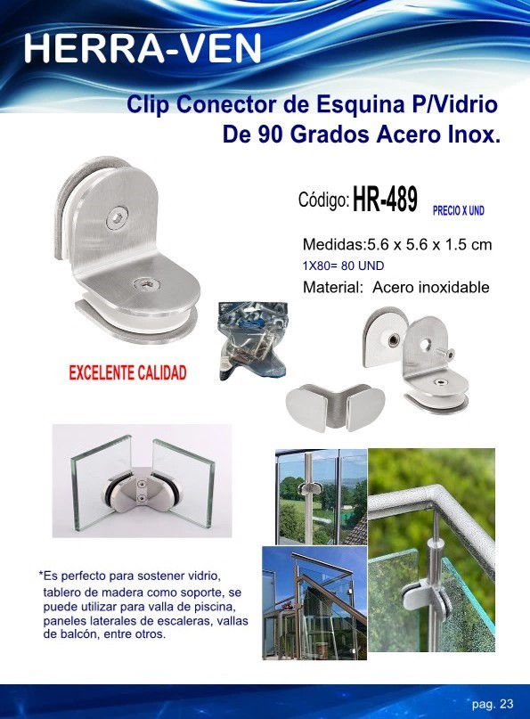 CLIP ESQUINERO P/ VIDRIO 90GR 5,6X5,6X1,5CM ACERO INOX.