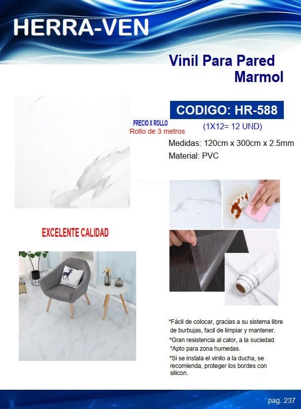 VINIL P/PARED MARMOL BLANCO ROLLO X 3M (120X300cm)