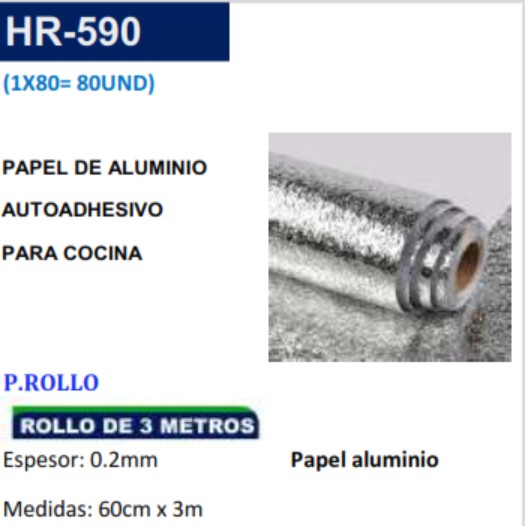 PAPEL ALUMINIO AUTOADH P/COCINA - 60CMX3MTS - ESPESOR 0,02MM