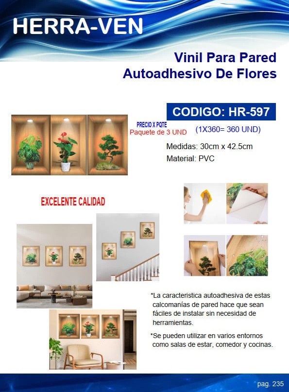 VINIL P/PARED AUTOADHESIVO DE FLORES (3UND) PVC - 30X42CM