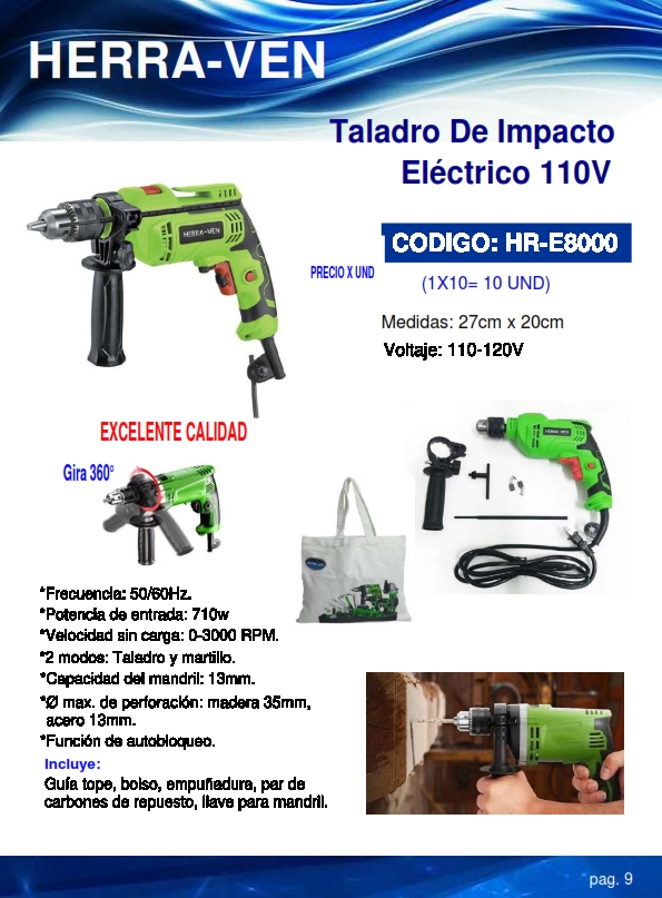 TALADRO IMPACTO 1/2 - 110V - 710W - 3000RPM - INCL BOLSO - A