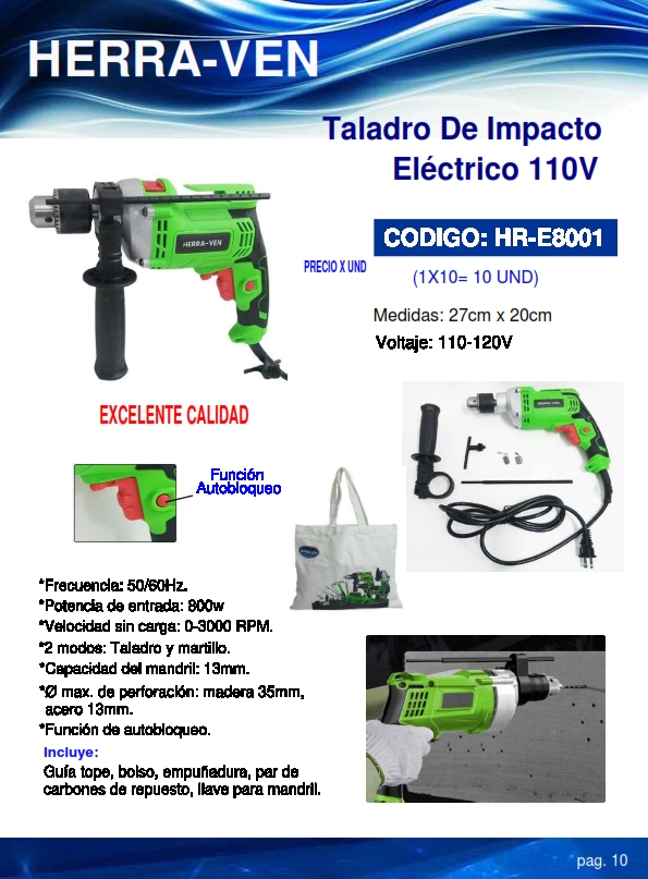 TALADRO IMPACTO 1/2 - 110V - 800W - 3000RPM - INCL BOLSO - A