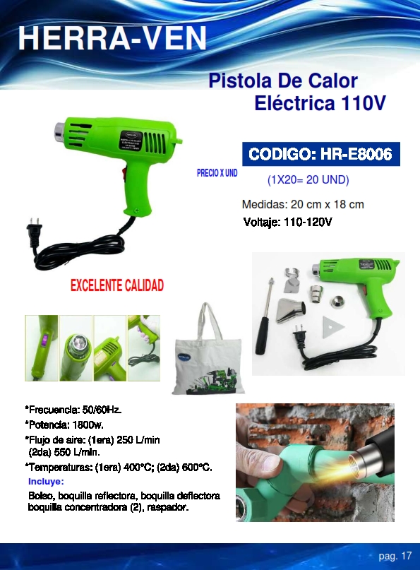 PISTOLA CALOR - 110V - 1800W - MAX 600°C- AIRE MAX 500LXMIN 