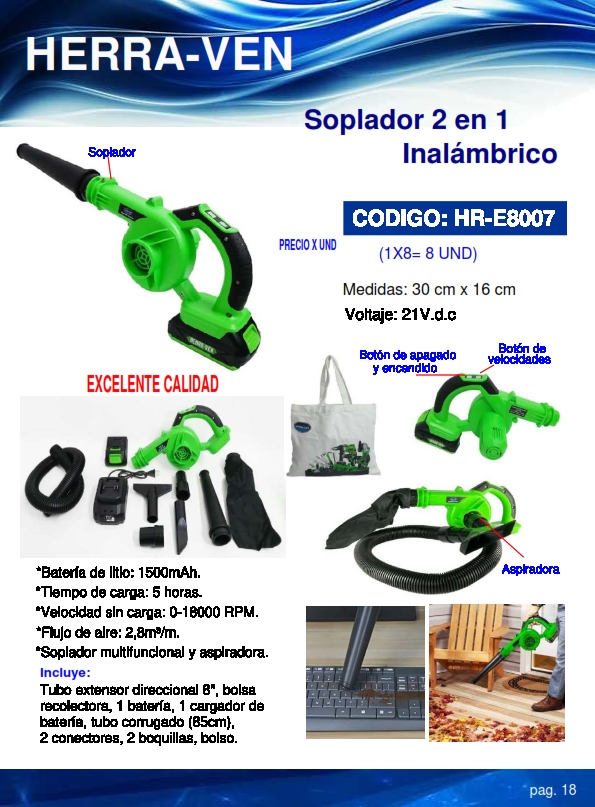 SOPLADOR INALAM 21VDC - 2EN1- 1500MAH - 18000RPM - 5HRS CARG