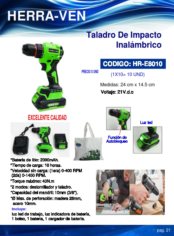 TALADRO IMPACTO INALAM 21VDC - 3/8 -2000MAH - 1450RPM - 40NM