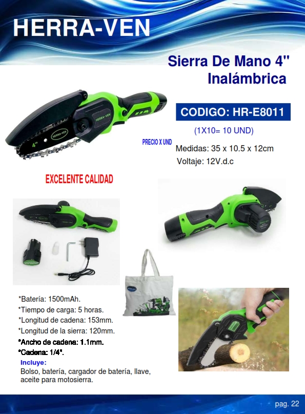 SIERRA MANUAL INALAM 12VDC - 4" -1500MAH - CADENA 1/4 - 5HRS