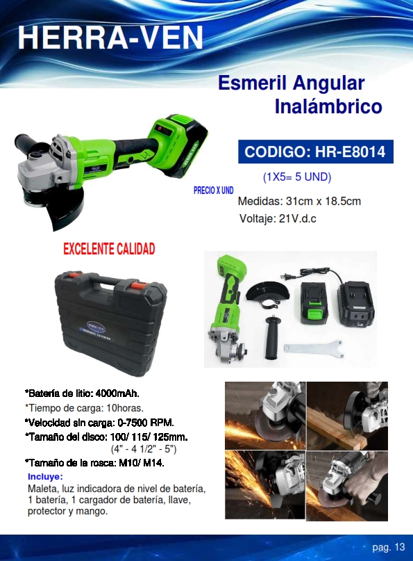 ESMERIL ANG INALAM 21VDC - 4" - 4 1/2 - 5"- 4000MAH - 7500RP