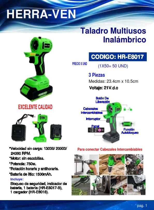 TALADRO MULTICABEZAL INALAM 21VDC - 1500MAH - 24000RPM - 750