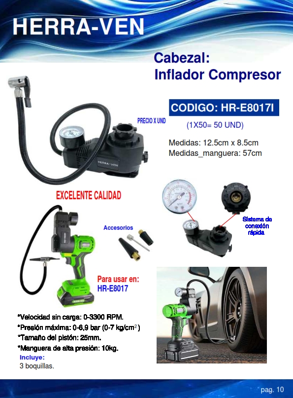 CABEZAL INFLADOR COMPRES - 3300 RPM - 6BAR - 10KG MANGUERA -