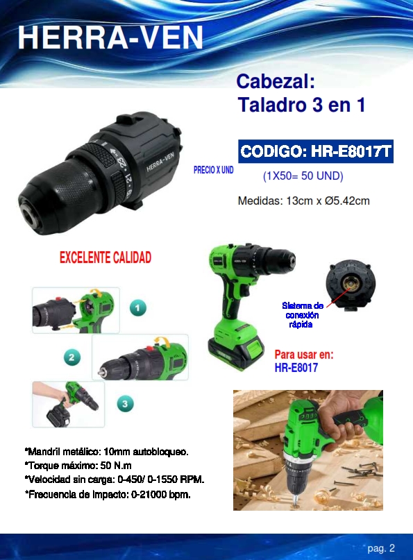 CABEZAL TALADRO 3 EN 1 - 50n.m - 1550RPM - 21000 BPM IMPACTO