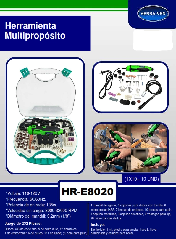 JUEGO MULTIPROPOSITO - 232 PZAS - 135W - 110V MADRIL 1/8 - 8