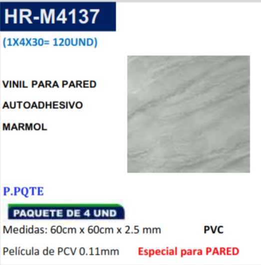 VINIL P/PARED AUTOAD - PVC - GRIS MARMOL (4UND) - 60X60CM