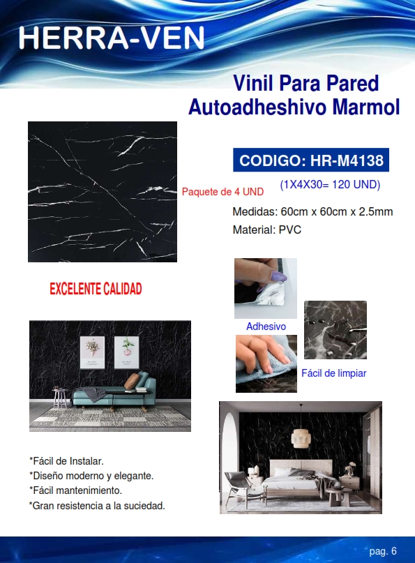 VINIL P/PARED AUTOAD - PVC - NEGRO MARMOL (4UND) - 60X60CM