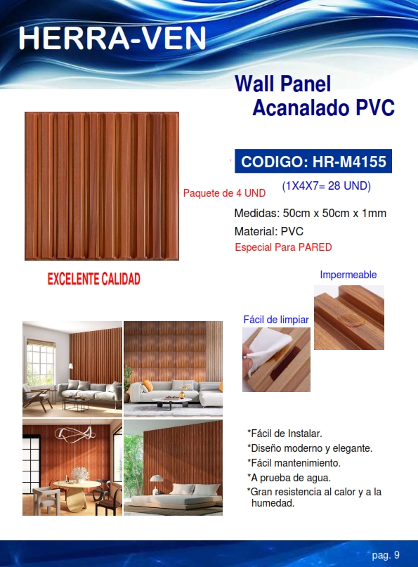 WALL PANEL PVC 3D - ACANALADO MADERA - 50X50CM - P/PARED - (