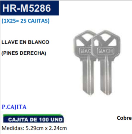 LLAVES BLANCAS (PINES DER)(PAQ X100UND) - 5,29X2,24
