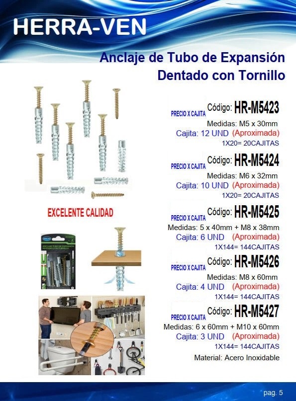 TORNILLO C/ANCLAJE EXPANSIBLE DENTADO (M8x38 mm) 6 PZAS