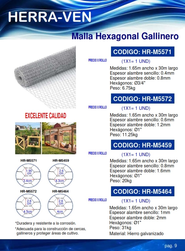 MALLA GALLINERO HEX 1" - 1,65MTS X 30MTS - ESPESOR 1MM - GAL