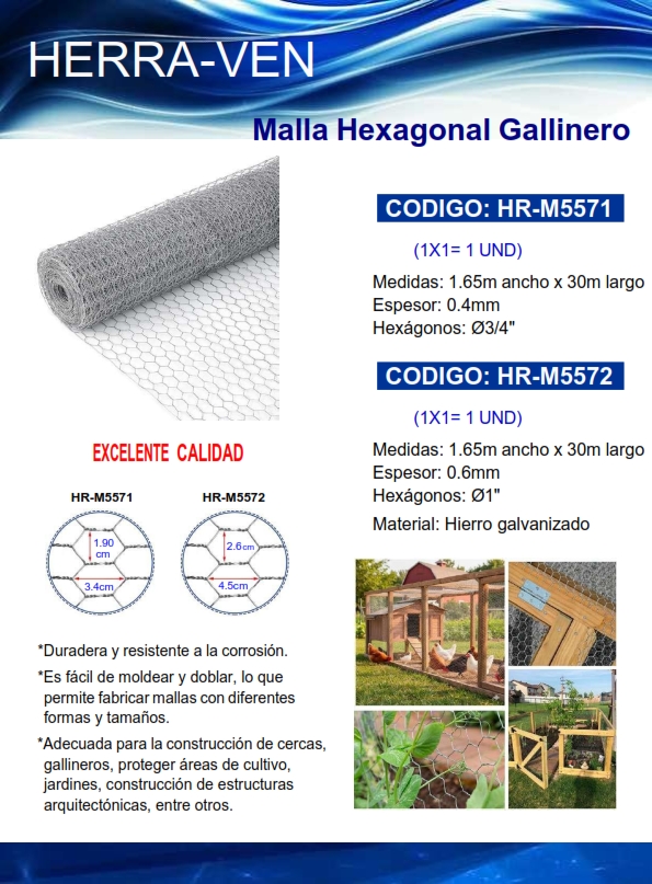 MALLA GALLINERO HEX 3/4" - 1,65MTS X 30MTS - ESPESOR 0.4 - G