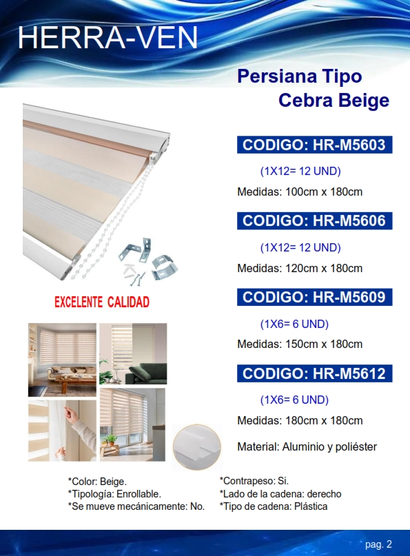 PERSIANA T/CEBRA BEIGE - 1 X 1,8 MTS - ALUM Y POLIESTER