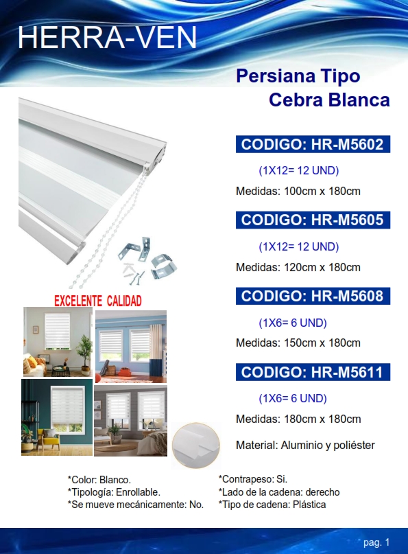 PERSIANA T/CEBRA BLANCA - 1,8 X 1,8 MTS - ALUM Y POLIESTER