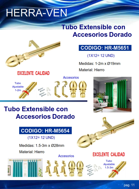 TUBO EXTENSIBLE DORADO C/ACCES - (1-2MTS) - 19MM - HIERRO