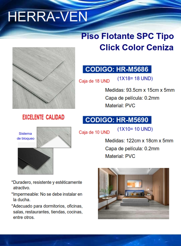 PISO FLOTANTE SPC T/CLICK - PVC - CENIZA (CAJA 10 UND) - 122