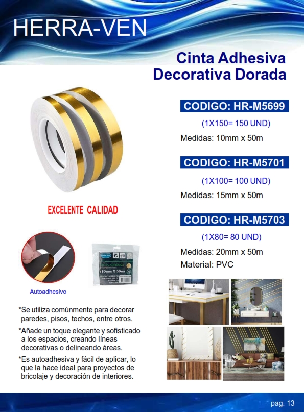 CINTA ADH DECOR DORADA - 1,5CM X 50MTS - PVC