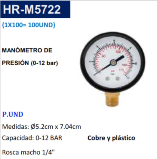 MANOMETRO PRESIÓN (0-12 Bar) - ROSCA 1/4 - COBRE Y PLAST