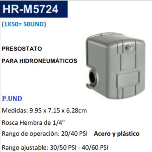 PRESOSTATO P/HIDRONEUMATICOS - 1/4 - AJUST 20-60 PSI - ACERO
